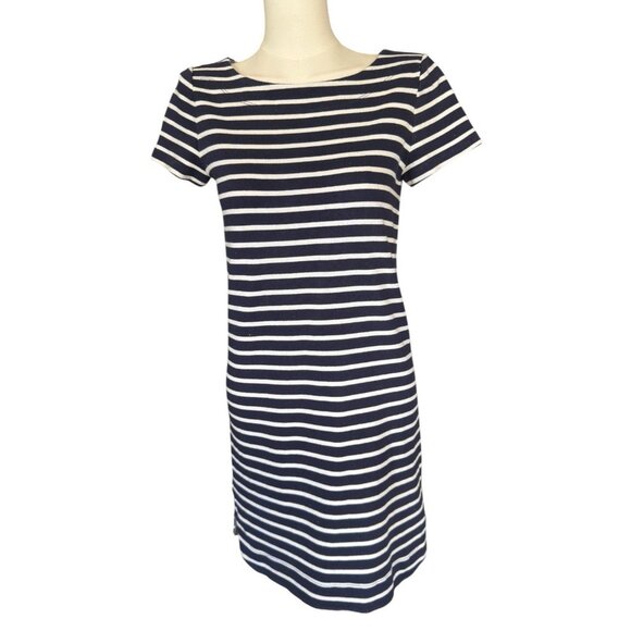 Loft Blue White Striped 100% Cotton Round Neck Short Sleeve Pullover Dress Sz XS - Picture 1 of 9